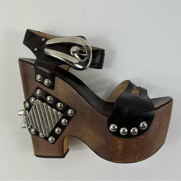 Rare Roberto Cavalli Brown Leather Embellished Buckle Detail Wedge - Picture 9 of 15